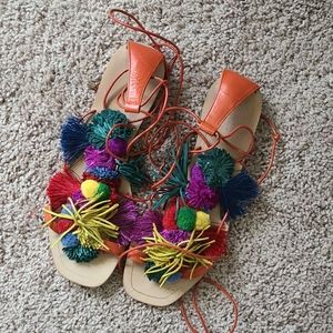 Zara Lace Up Pom Pom Sandals